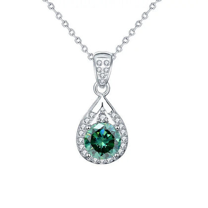 Green Round Moissanite Teardrop Halo Necklace with CZ in White Gold-Plated S925 sterling silver white background front product view showing green round moissanite suspended within an open teardrop halo