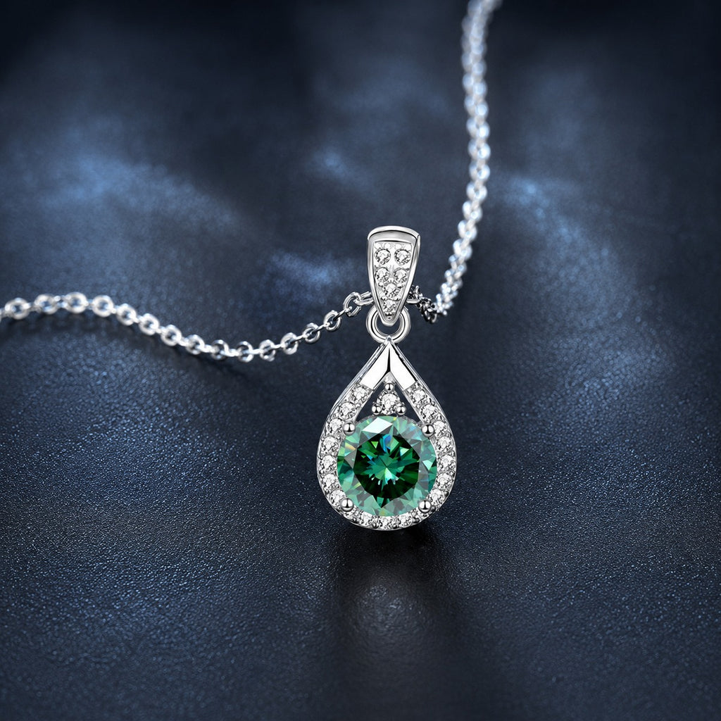Green Round Moissanite Teardrop Halo Necklace with CZ in White Gold-Plated S925 sterling silver close-up styled product scene showing pendant setting