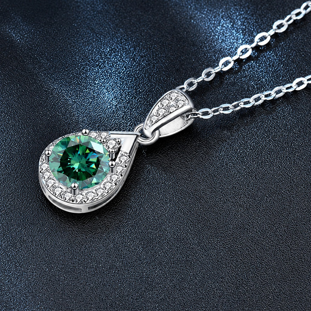 Green Round Moissanite Teardrop Halo Necklace with CZ in White Gold-Plated S925 sterling silver display scene showing chain and stone layout