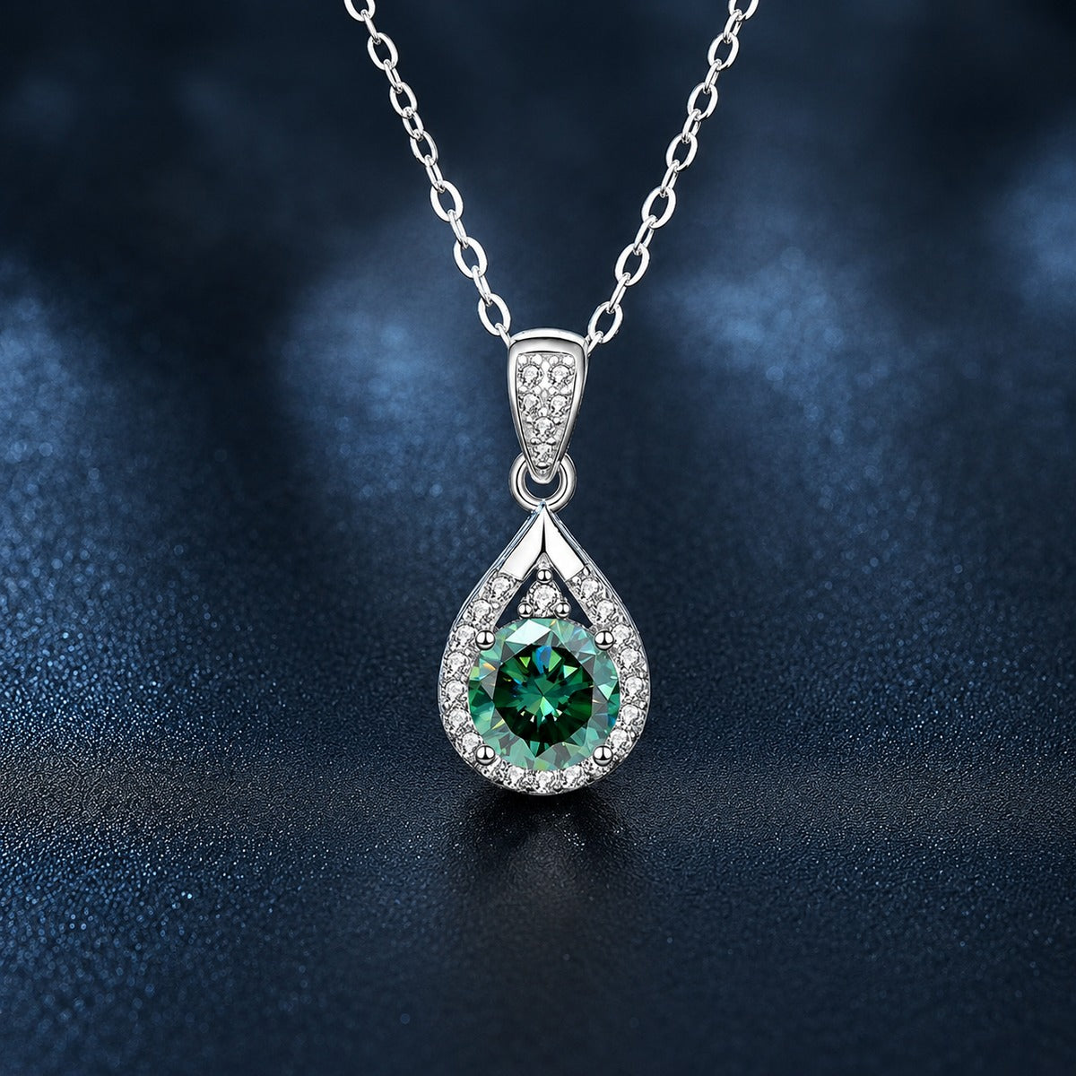 Green Round Moissanite Teardrop Halo Necklace with CZ in White Gold-Plated S925 sterling silver angled product detail view