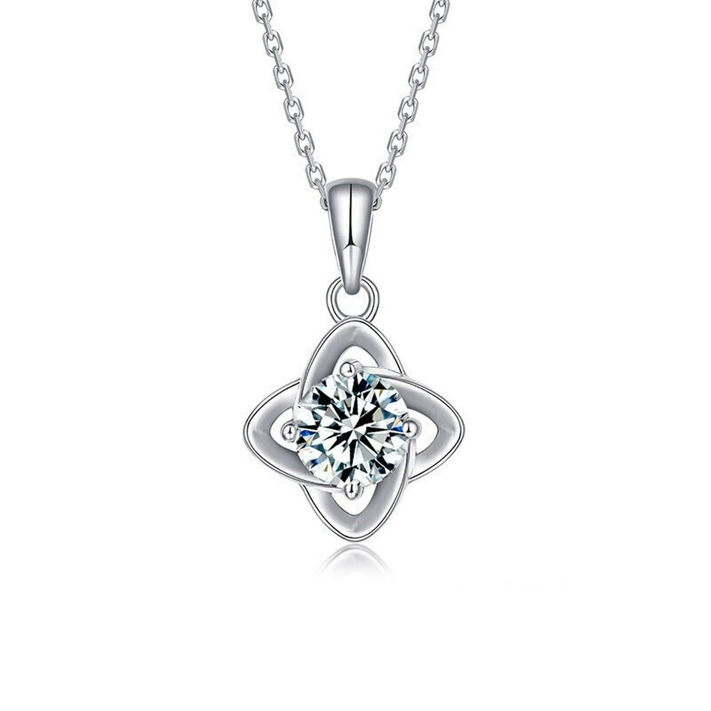 Four-Leaf Clover Round Moissanite Necklace in White Gold-Plated S925 sterling silver white background product photo showing four-leaf clover pendant with round moissanite center