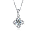 Four-Leaf Clover Round Moissanite Necklace in White Gold-Plated S925 sterling silver white background product photo showing four-leaf clover pendant with round moissanite center