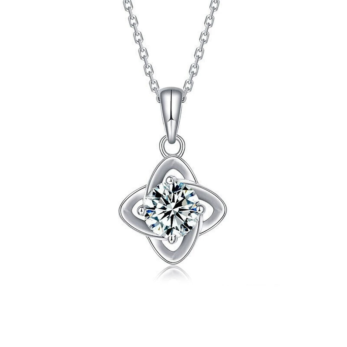 Four-Leaf Clover Round Moissanite Necklace in White Gold-Plated S925 sterling silver white background product photo showing four-leaf clover pendant with round moissanite center