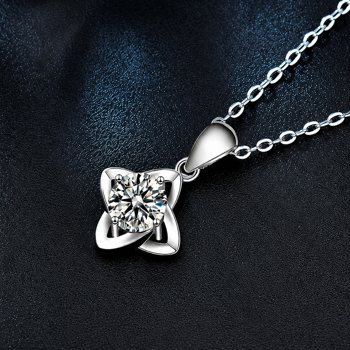 Four-Leaf Clover Round Moissanite Necklace in White Gold-Plated S925 sterling silver close-up product scene showing pendant setting