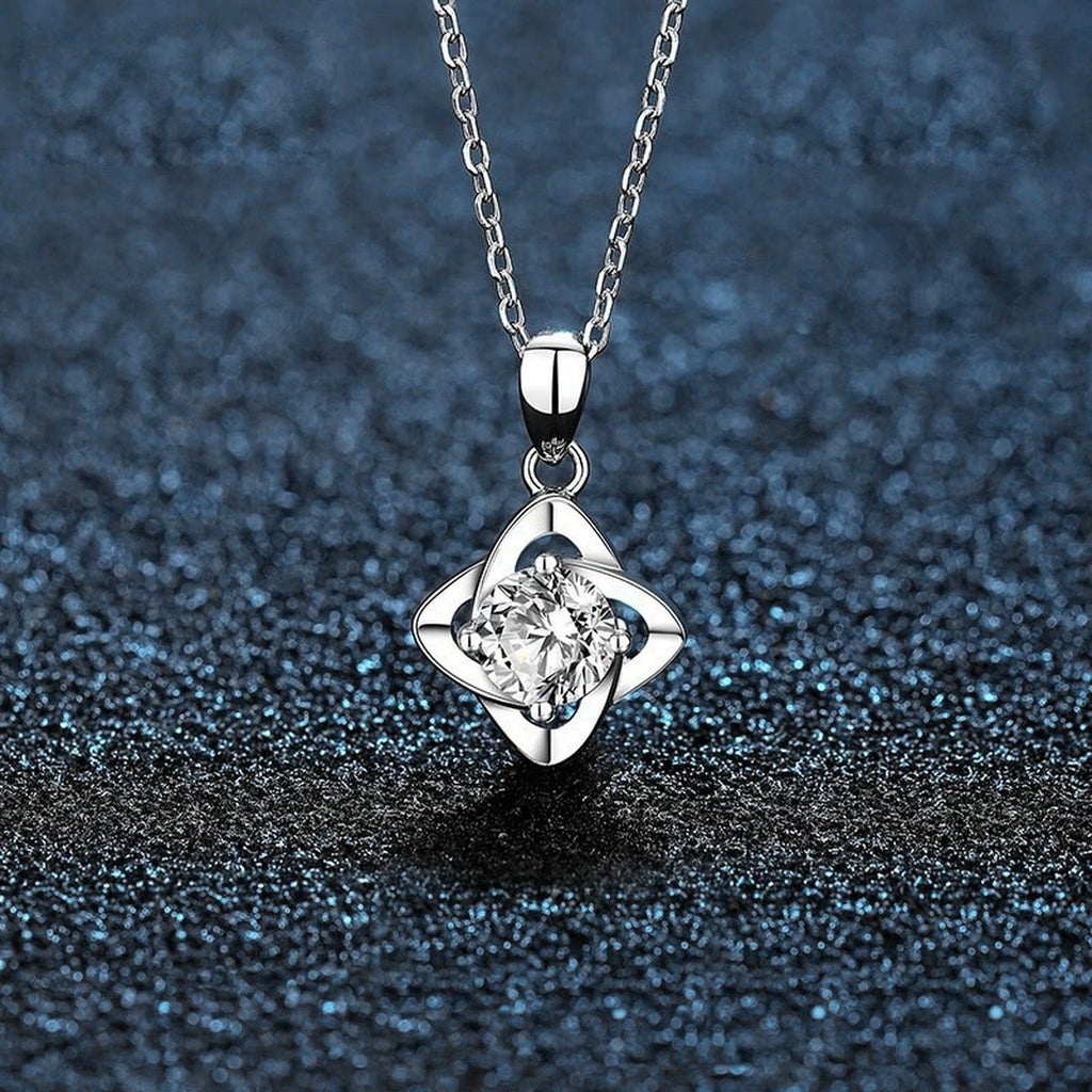 Four-Leaf Clover Round Moissanite Necklace in White Gold-Plated S925 sterling silver angled product detail view