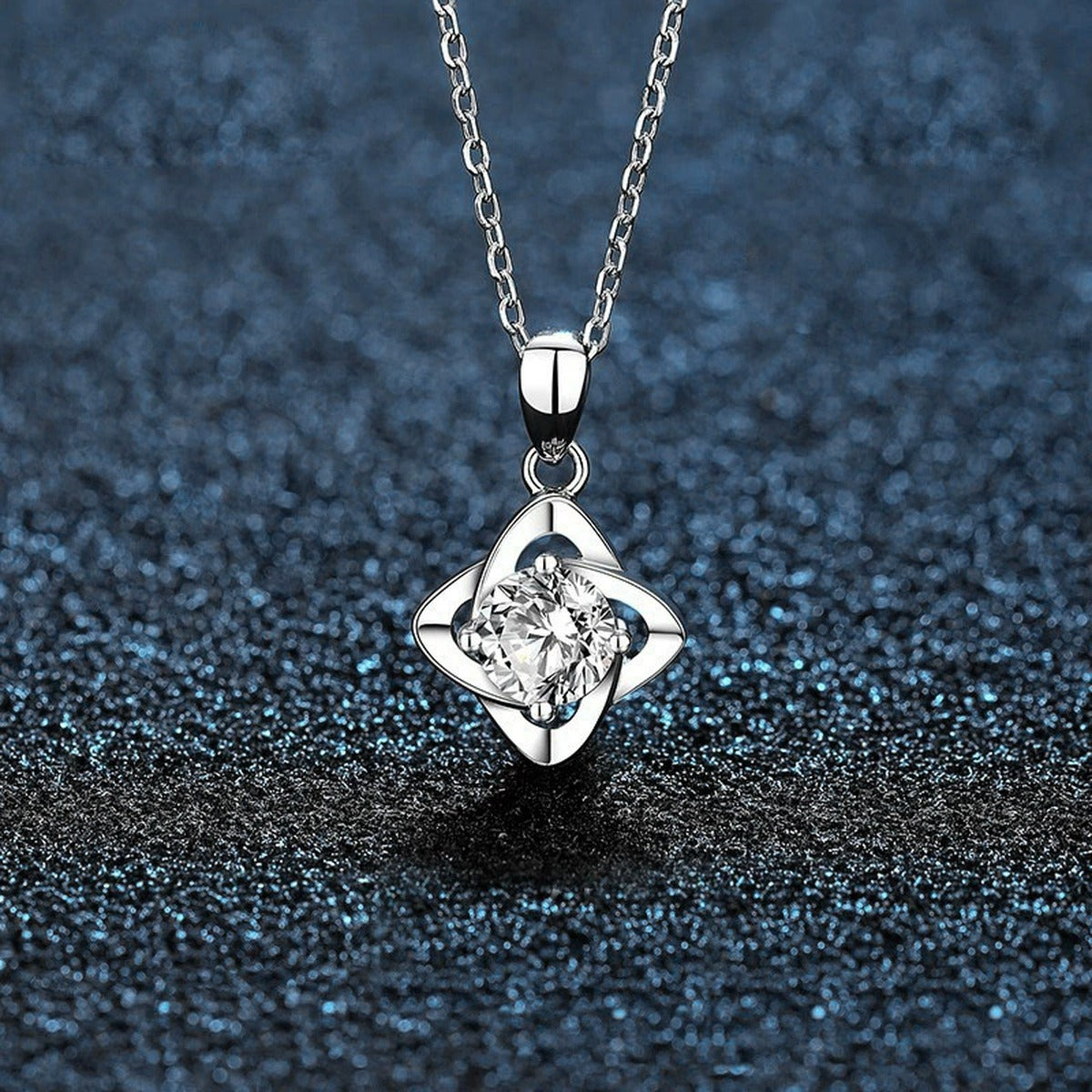 Four-Leaf Clover Round Moissanite Necklace in White Gold-Plated S925 sterling silver angled product detail view