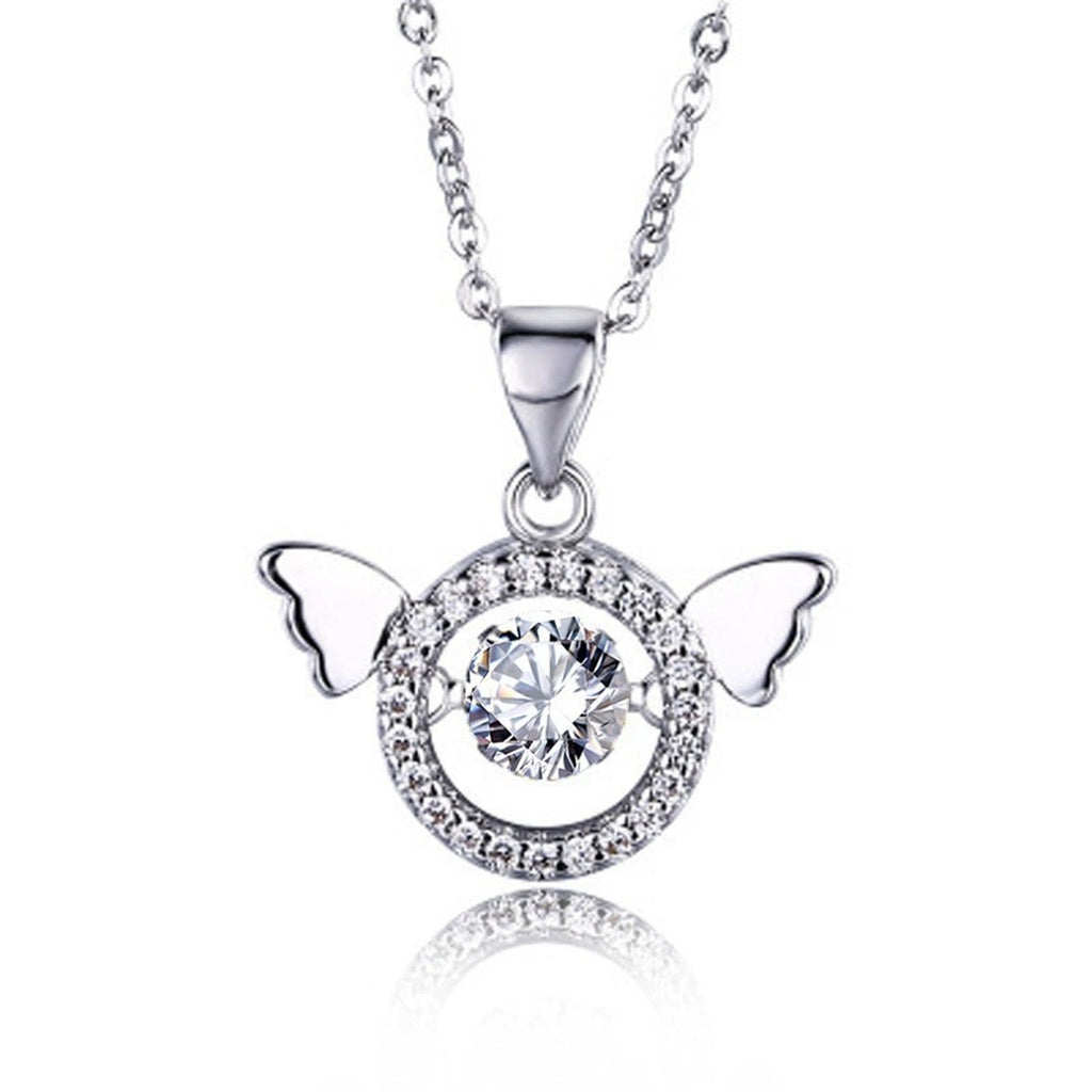 Angel Wing Round Moissanite Necklace with CZ in White Gold-Plated S925 sterling silver white background product photo showing angel wing pendant with round moissanite center and CZ halo