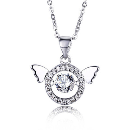Angel Wing Round Moissanite Necklace with CZ in White Gold-Plated S925 sterling silver white background product photo showing angel wing pendant with round moissanite center and CZ halo