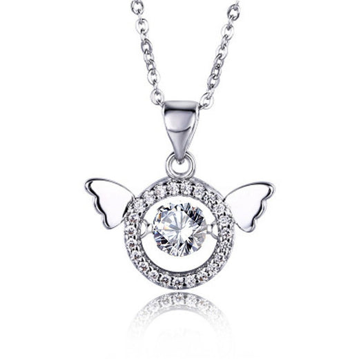 Angel Wing Round Moissanite Necklace with CZ in White Gold-Plated S925 Sterling Silver