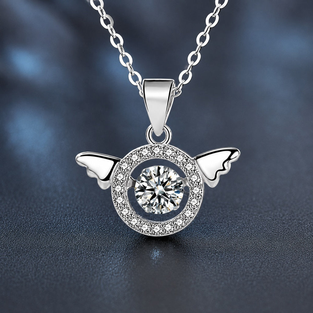 Angel Wing Round Moissanite Necklace with CZ in White Gold-Plated S925 sterling silver close-up product scene showing pendant setting