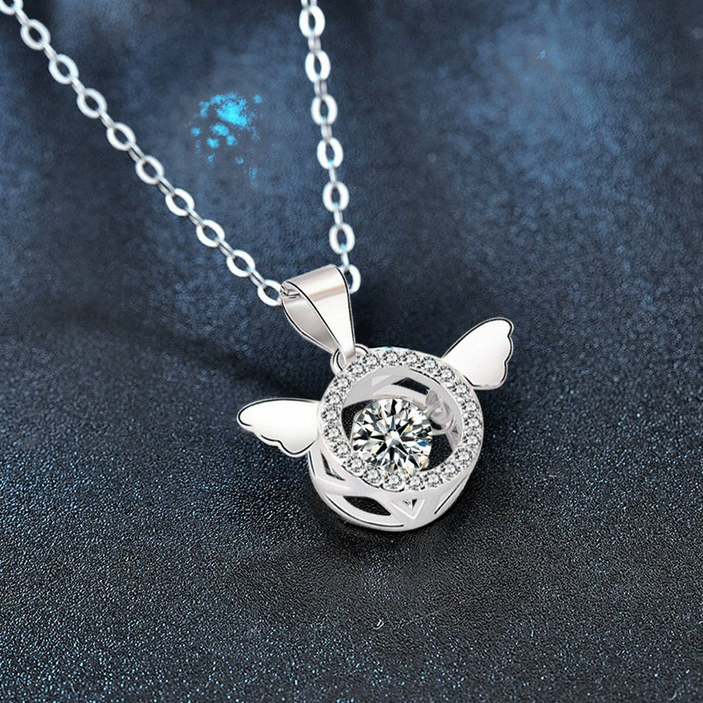 Angel Wing Round Moissanite Necklace with CZ in White Gold-Plated S925 sterling silver blue display scene showing chain and stone layout