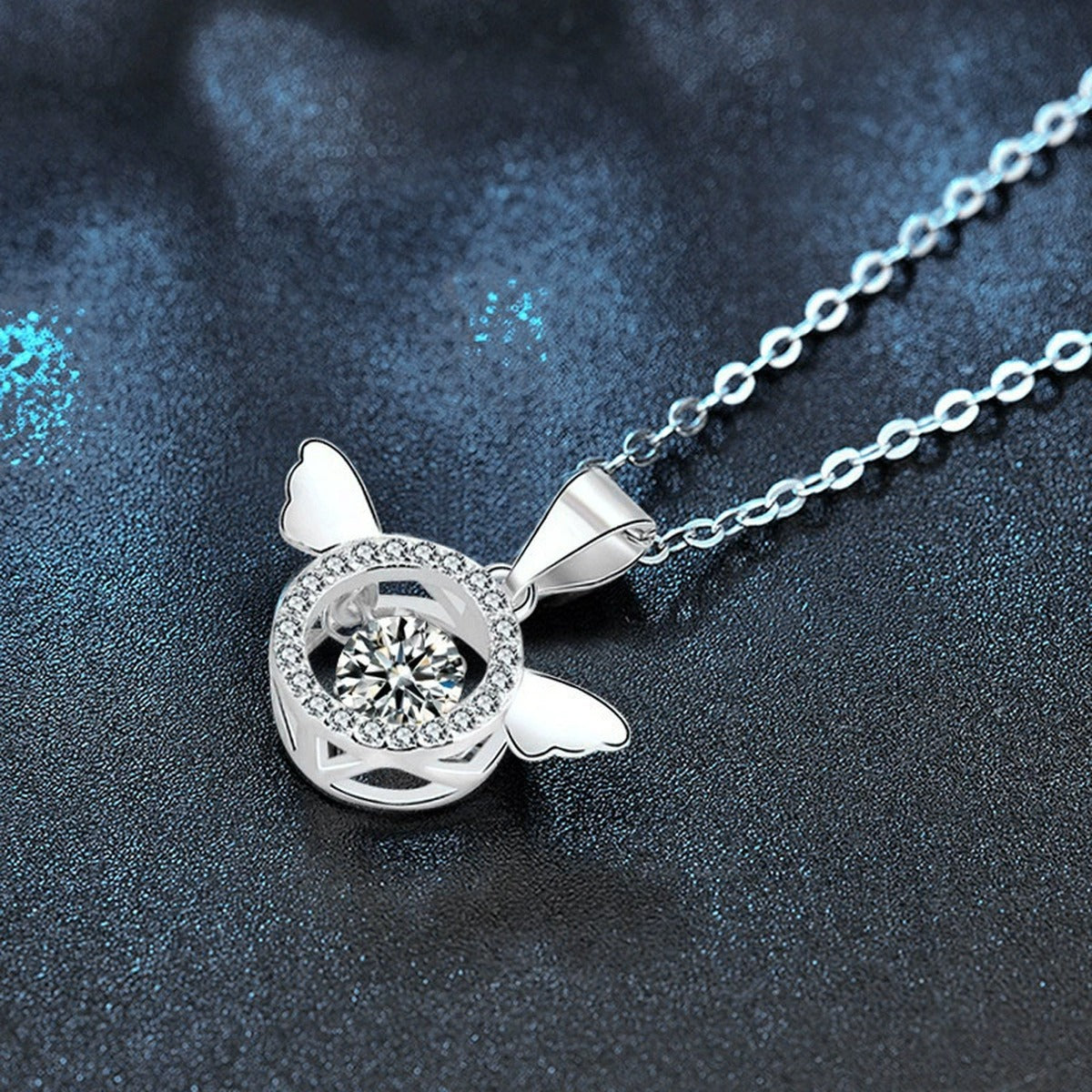Angel Wing Round Moissanite Necklace with CZ in White Gold-Plated S925 sterling silver angled product detail view