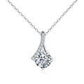 Curved Drop Round Moissanite Necklace with CZ in White Gold-Plated S925 sterling silver white background product photo showing curved drop pendant with round moissanite center and CZ-lined frame