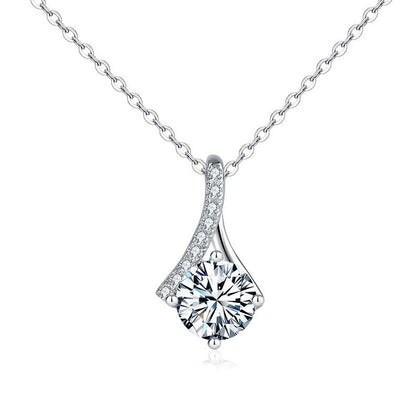 Curved Drop Round Moissanite Necklace with CZ in White Gold-Plated S925 sterling silver white background product photo showing curved drop pendant with round moissanite center and CZ-lined frame
