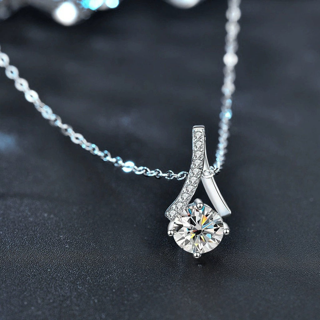 Curved Drop Round Moissanite Necklace with CZ in White Gold-Plated S925 sterling silver blue display scene showing chain and stone layout