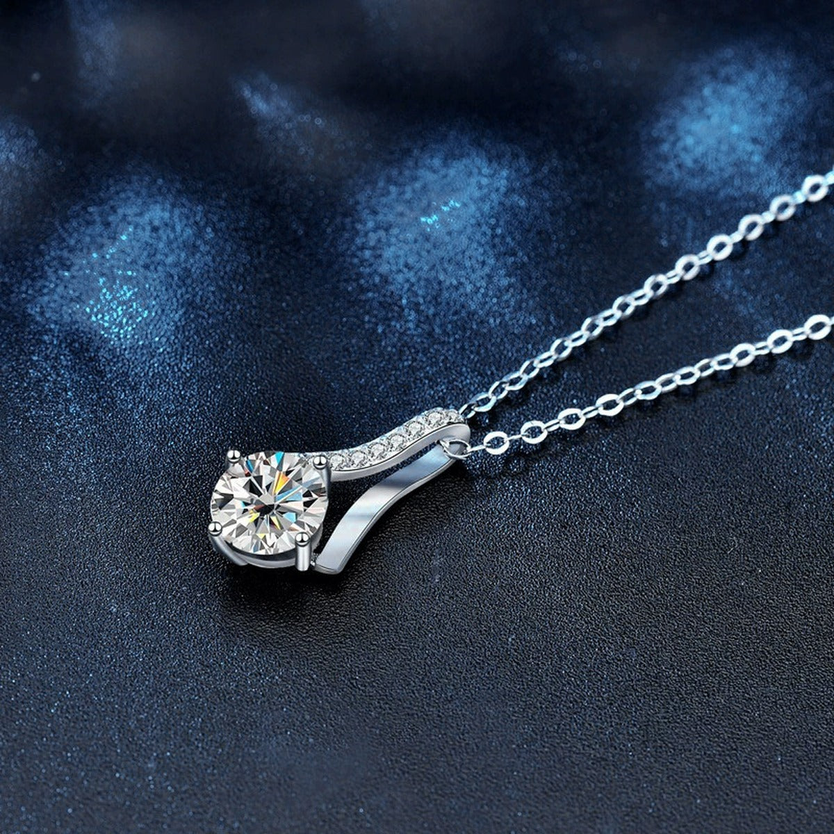 Curved Drop Round Moissanite Necklace with CZ in White Gold-Plated S925 sterling silver angled product detail view