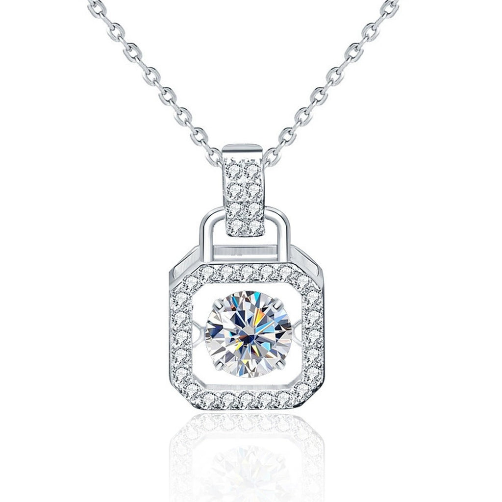 Handbag Dancing Round Moissanite Necklace with CZ in White Gold-Plated S925 sterling silver white background front product view showing handbag-inspired dancing pendant centered with a round moissanite
