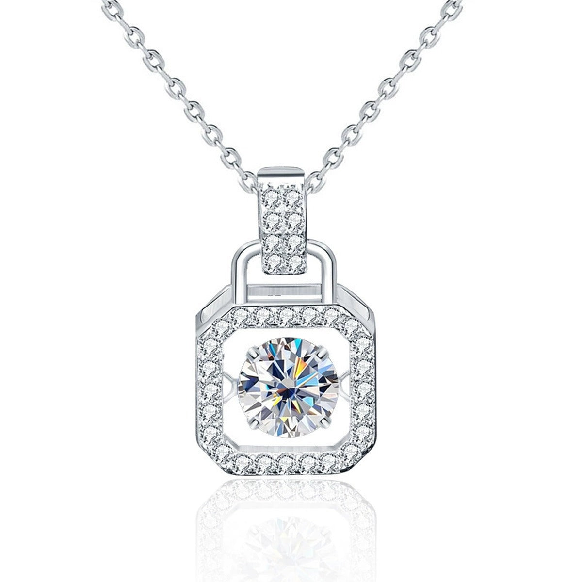 Handbag Dancing Round Moissanite Necklace with CZ in White Gold-Plated S925 sterling silver white background front product view showing handbag-inspired dancing pendant centered with a round moissanite