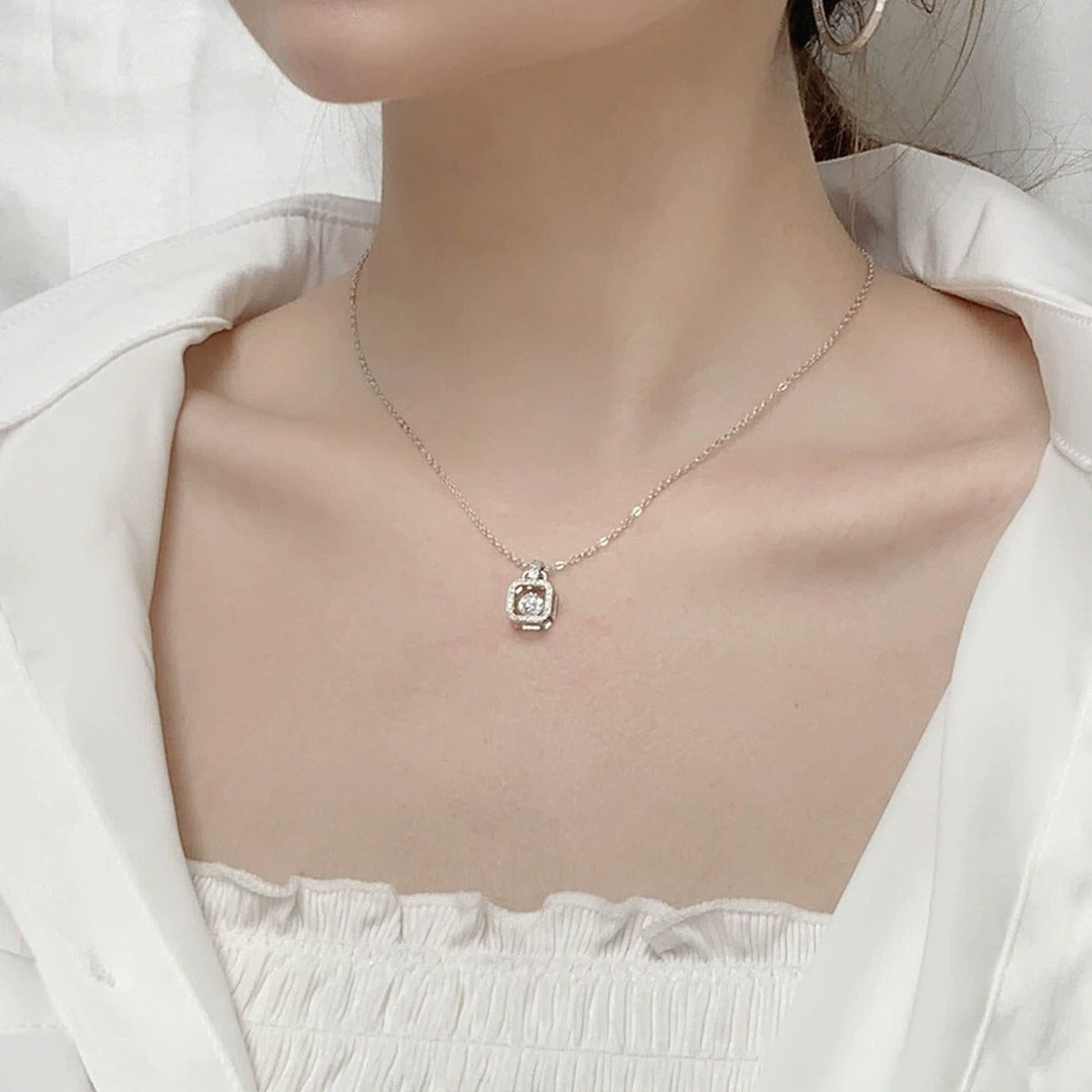 Handbag Dancing Round Moissanite Necklace with CZ in White Gold-Plated S925 sterling silver neckline model view showing pendant scale and chain length