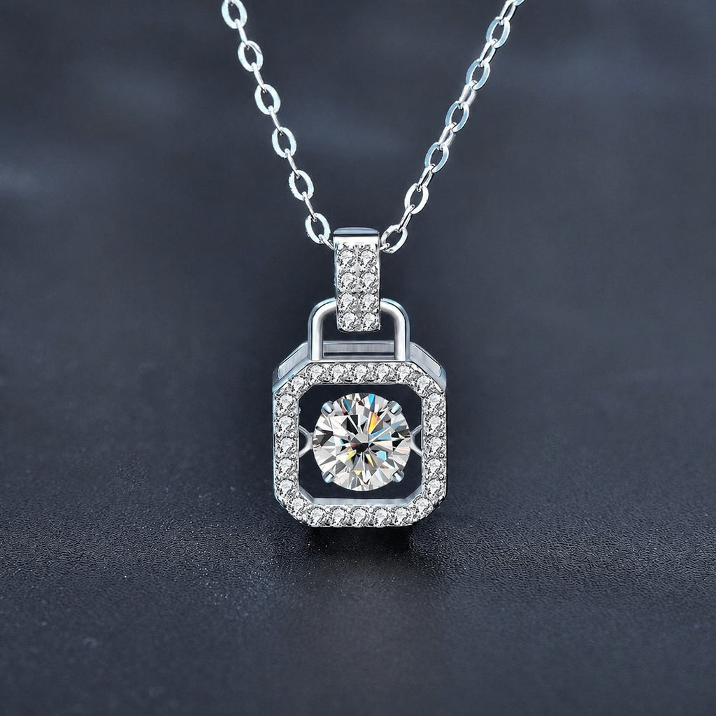 Handbag Dancing Round Moissanite Necklace with CZ in White Gold-Plated S925 sterling silver close-up styled product scene showing pendant setting
