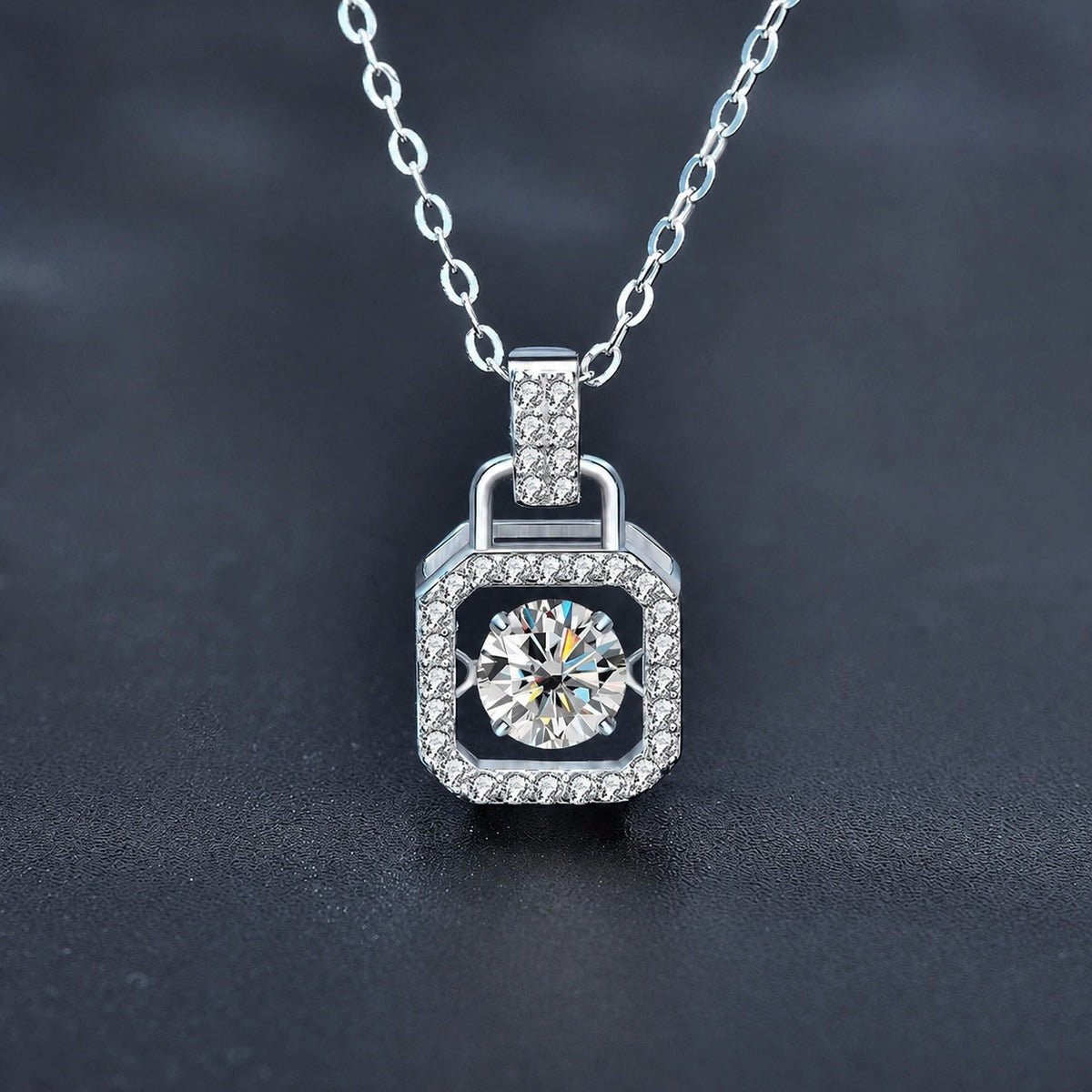 Handbag Dancing Round Moissanite Necklace with CZ in White Gold-Plated S925 sterling silver close-up styled product scene showing pendant setting