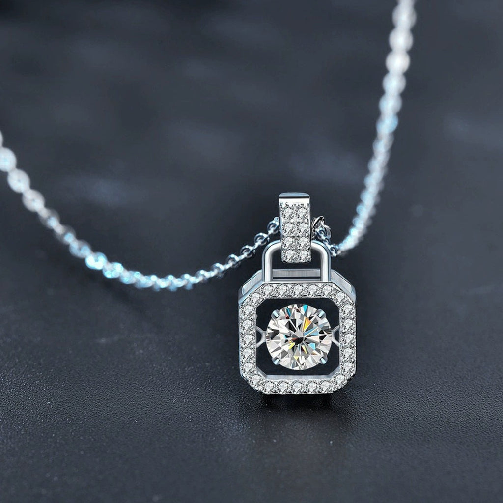 Handbag Dancing Round Moissanite Necklace with CZ in White Gold-Plated S925 sterling silver display scene showing chain and stone layout