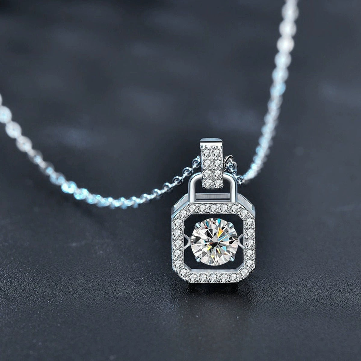 Handbag Dancing Round Moissanite Necklace with CZ in White Gold-Plated S925 sterling silver display scene showing chain and stone layout