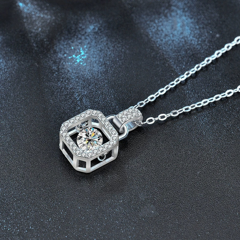 Handbag Dancing Round Moissanite Necklace with CZ in White Gold-Plated S925 sterling silver angled product detail view