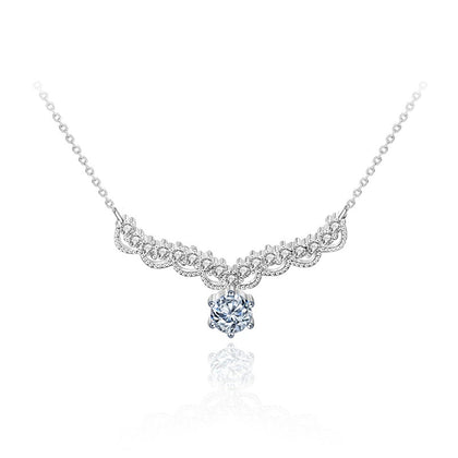 Antler Round Moissanite Necklace with CZ in White Gold-Plated S925 sterling silver white background product photo showing antler arc necklace with round moissanite center and CZ setting
