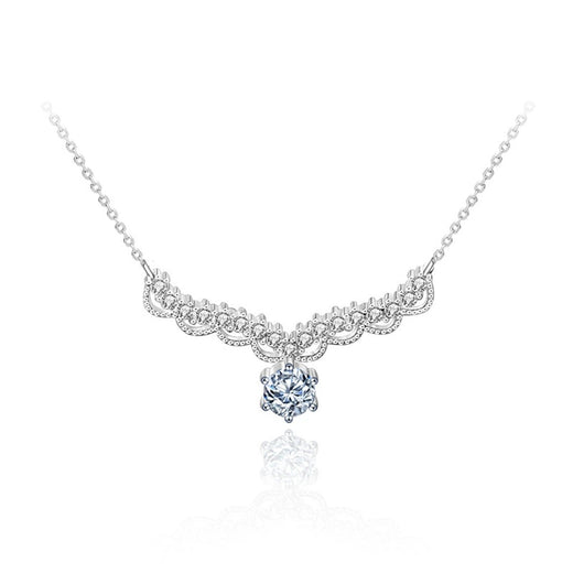 Antler Round Moissanite Necklace with CZ in White Gold-Plated S925 Sterling Silver