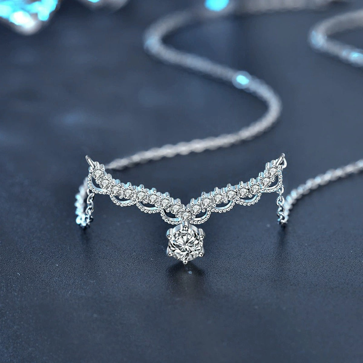 Antler Round Moissanite Necklace with CZ in White Gold-Plated S925 sterling silver blue display scene showing chain and stone layout