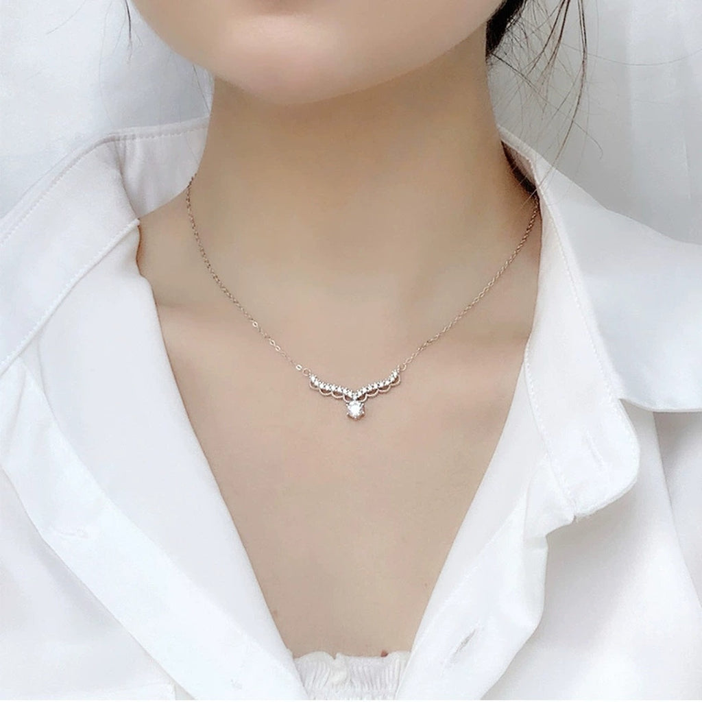 Antler Round Moissanite Necklace with CZ in White Gold-Plated S925 sterling silver angled product detail view