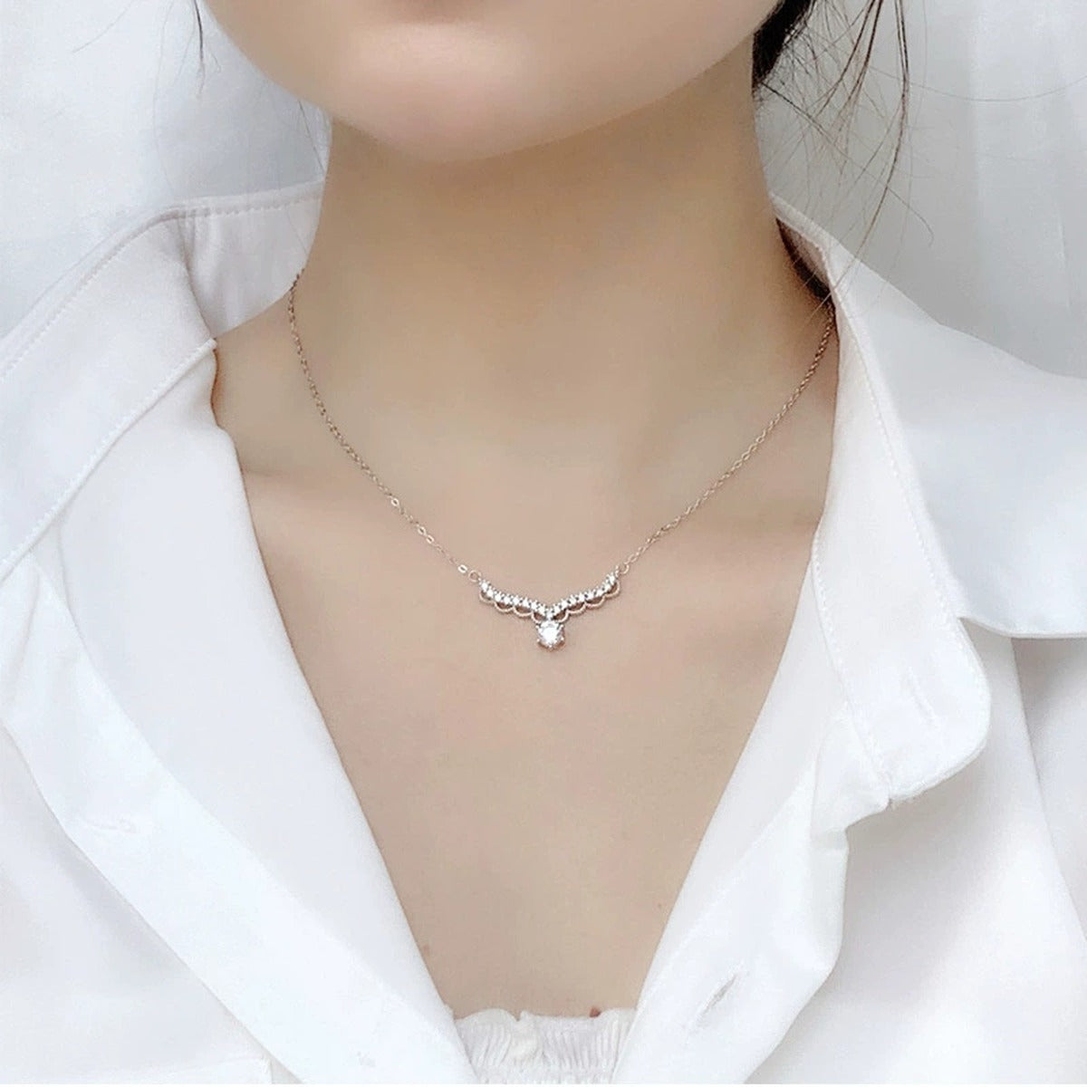 Antler Round Moissanite Necklace with CZ in White Gold-Plated S925 sterling silver angled product detail view