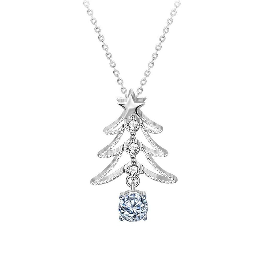 Christmas Tree Round Moissanite Necklace with CZ in White Gold-Plated S925 sterling silver white background product photo showing christmas tree pendant with round moissanite drop and CZ accents