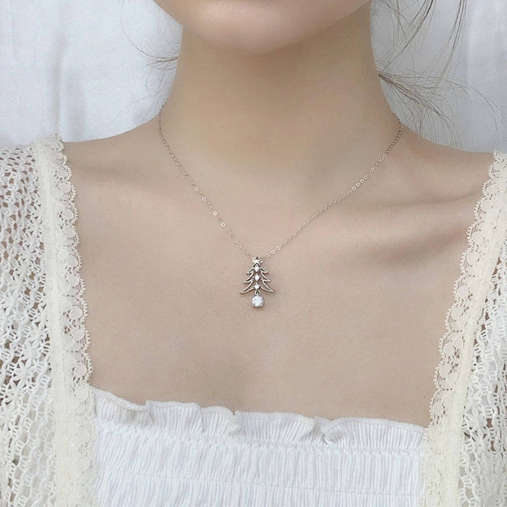 Christmas Tree Round Moissanite Necklace with CZ in White Gold-Plated S925 sterling silver neckline model view showing pendant scale and chain length