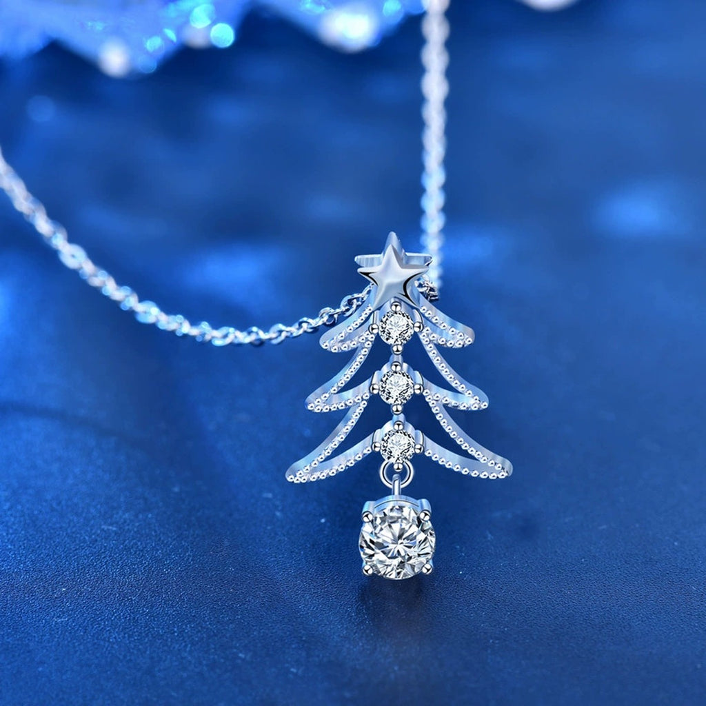 Christmas Tree Round Moissanite Necklace with CZ in White Gold-Plated S925 sterling silver close-up product scene showing pendant setting