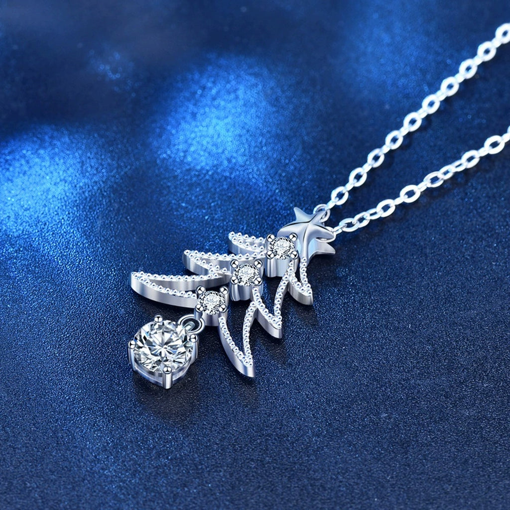 Christmas Tree Round Moissanite Necklace with CZ in White Gold-Plated S925 sterling silver blue display scene showing chain and stone layout