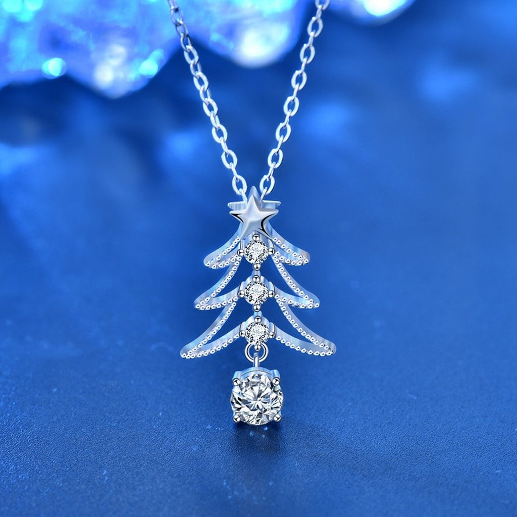 Christmas Tree Round Moissanite Necklace with CZ in White Gold-Plated S925 sterling silver angled product detail view