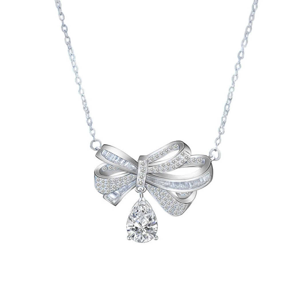 Bowknot Pear Moissanite Necklace with CZ in White Gold-Plated S925 sterling silver white background product photo showing large bowknot ribbon pendant with a pear-cut moissanite drop and CZ accents