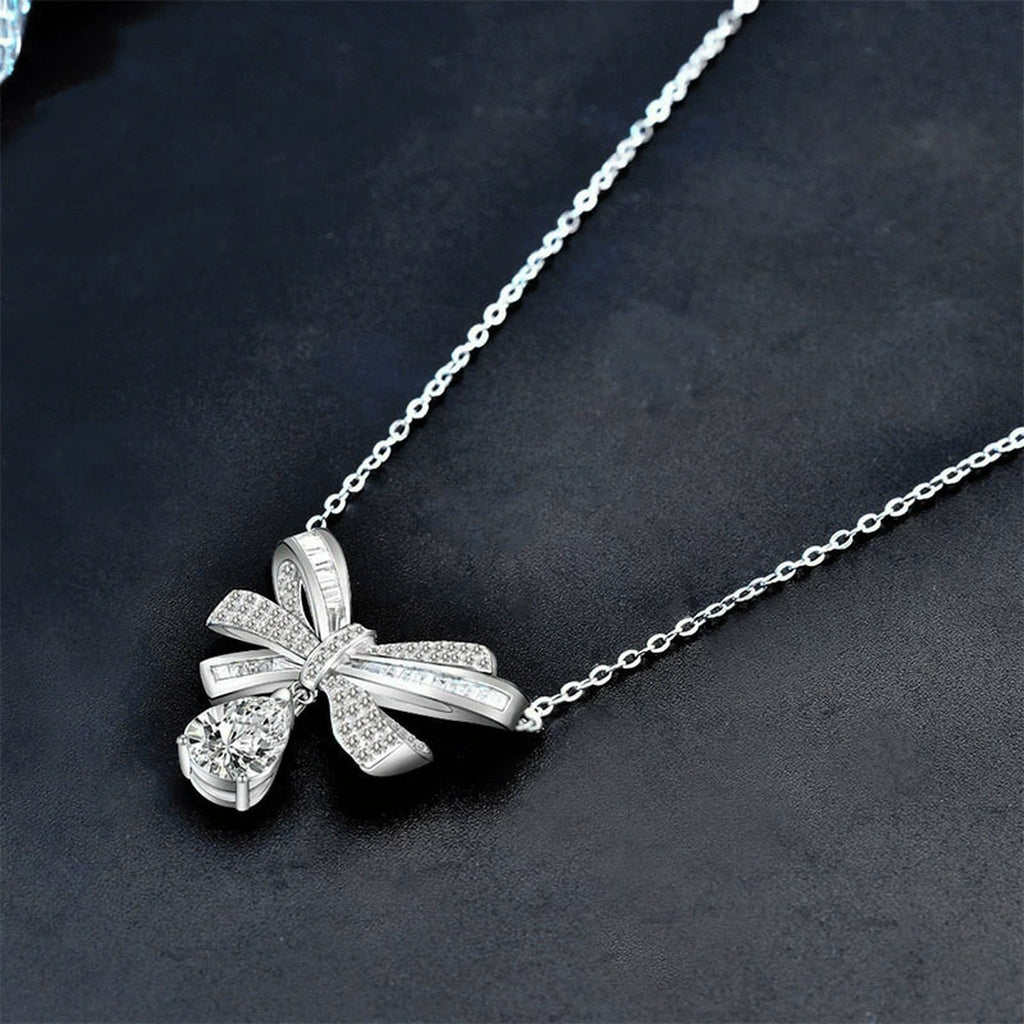 Bowknot Pear Moissanite Necklace with CZ in White Gold-Plated S925 sterling silver angled product detail view