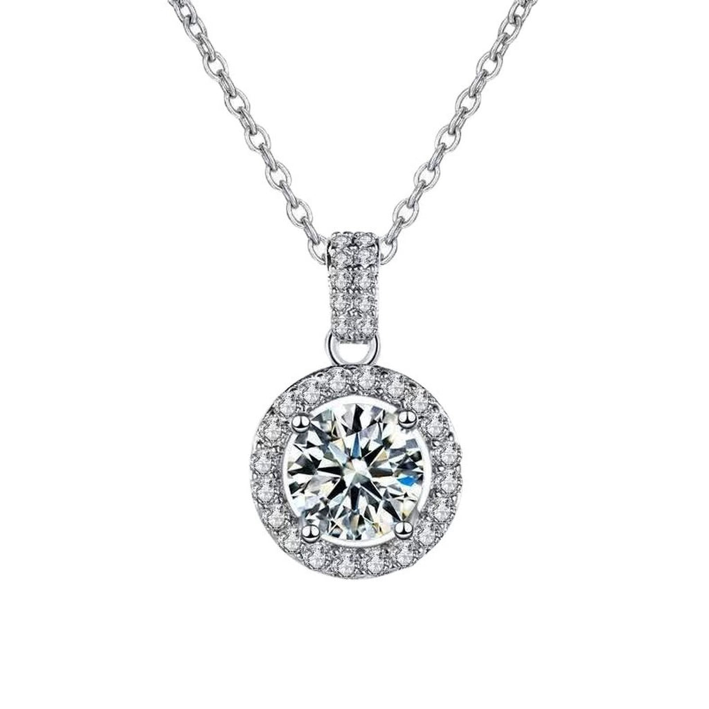 Halo Round Moissanite Necklace with CZ in White Gold-Plated S925 sterling silver white background product photo showing round halo pendant with CZ frame and multiple moissanite carat options