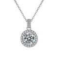 Halo Round Moissanite Necklace with CZ in White Gold-Plated S925 sterling silver white background product photo showing round halo pendant with CZ frame and multiple moissanite carat options