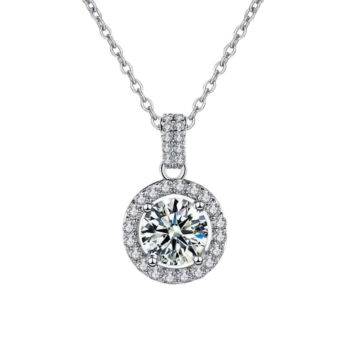 Halo Round Moissanite Necklace with CZ in White Gold-Plated S925 sterling silver white background product photo showing round halo pendant with CZ frame and multiple moissanite carat options