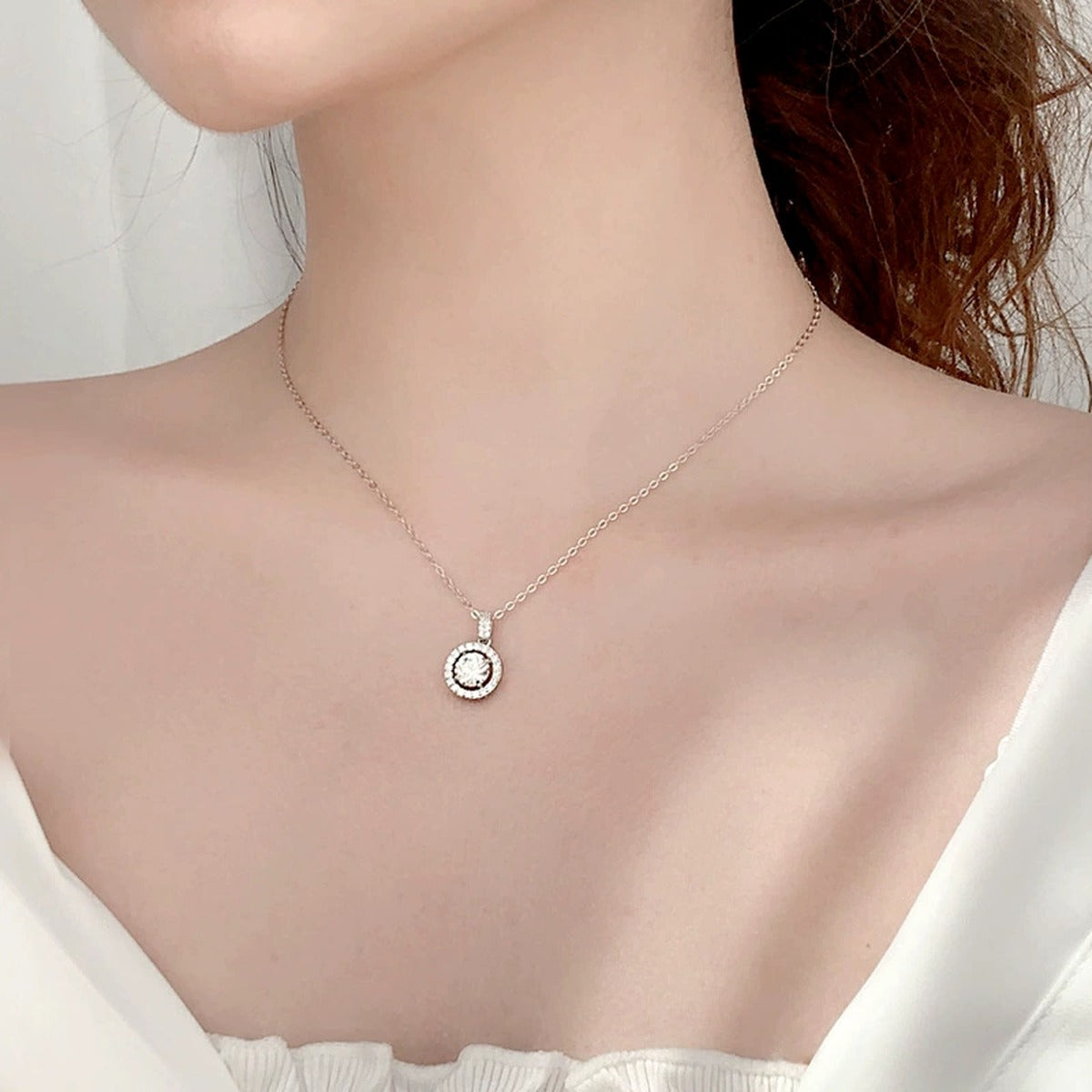 Halo Round Moissanite Necklace with CZ in White Gold-Plated S925 sterling silver neckline model view showing pendant scale and chain length