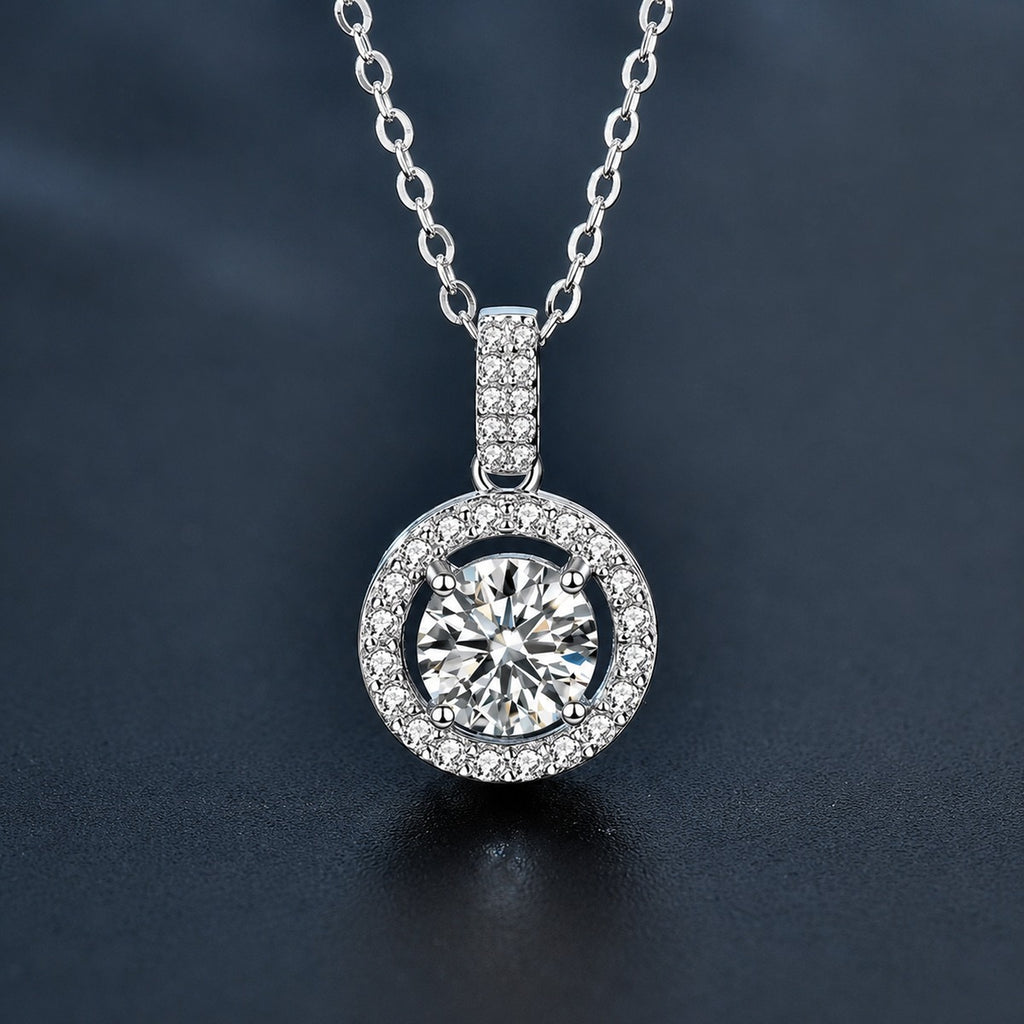 Halo Round Moissanite Necklace with CZ in White Gold-Plated S925 sterling silver close-up product scene showing pendant setting