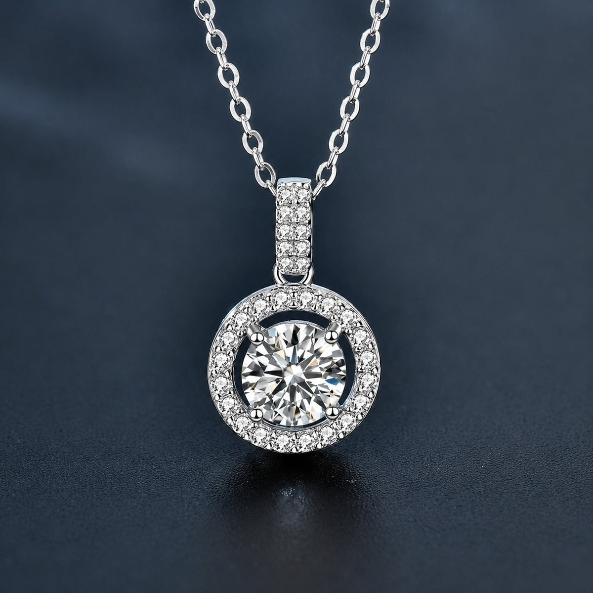 Halo Round Moissanite Necklace with CZ in White Gold-Plated S925 sterling silver close-up product scene showing pendant setting
