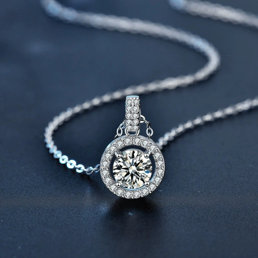 Halo Round Moissanite Necklace with CZ in White Gold-Plated S925 sterling silver blue display scene showing chain and stone layout