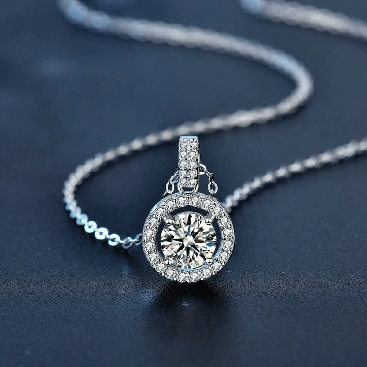 Halo Round Moissanite Necklace with CZ in White Gold-Plated S925 sterling silver blue display scene showing chain and stone layout