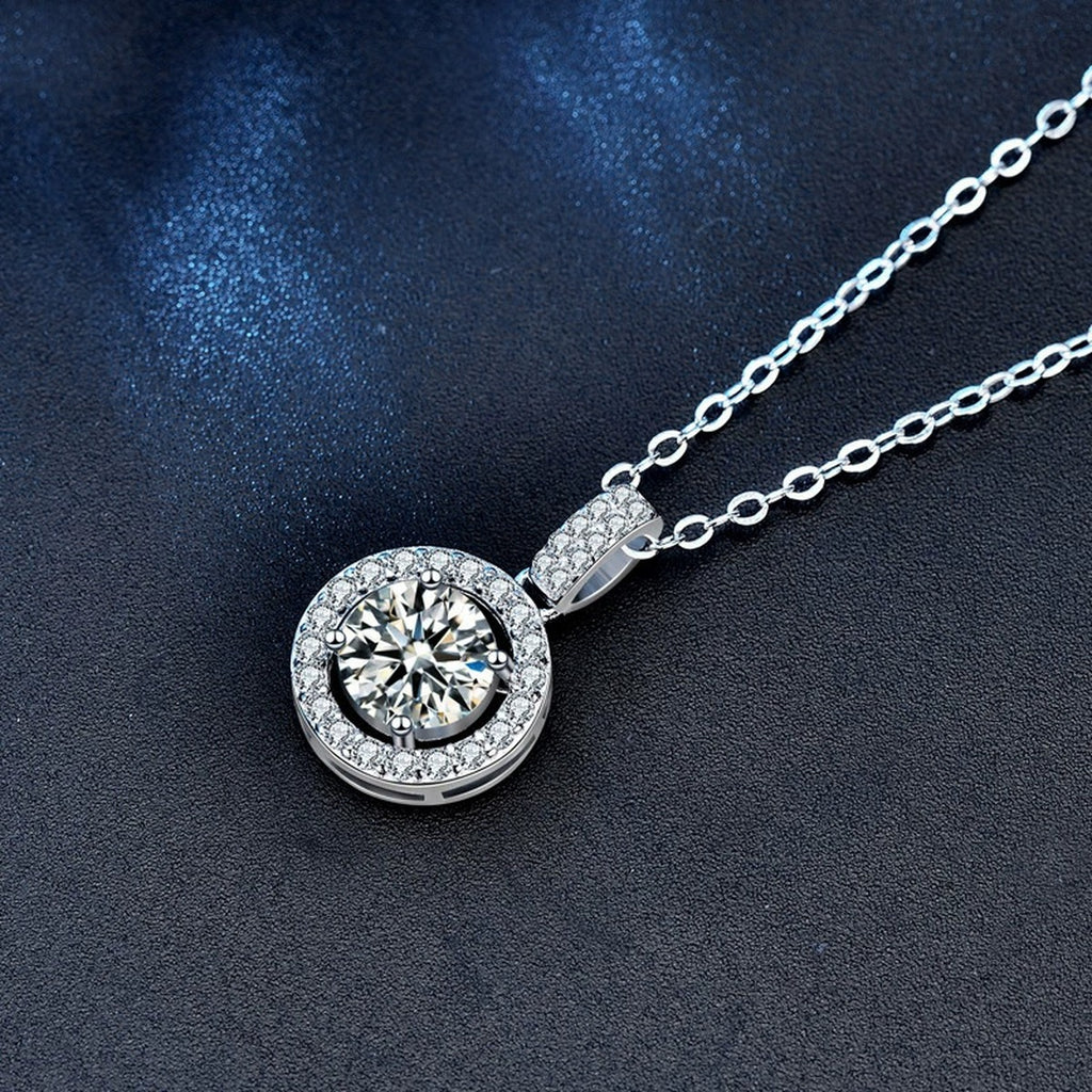 Halo Round Moissanite Necklace with CZ in White Gold-Plated S925 sterling silver angled product detail view