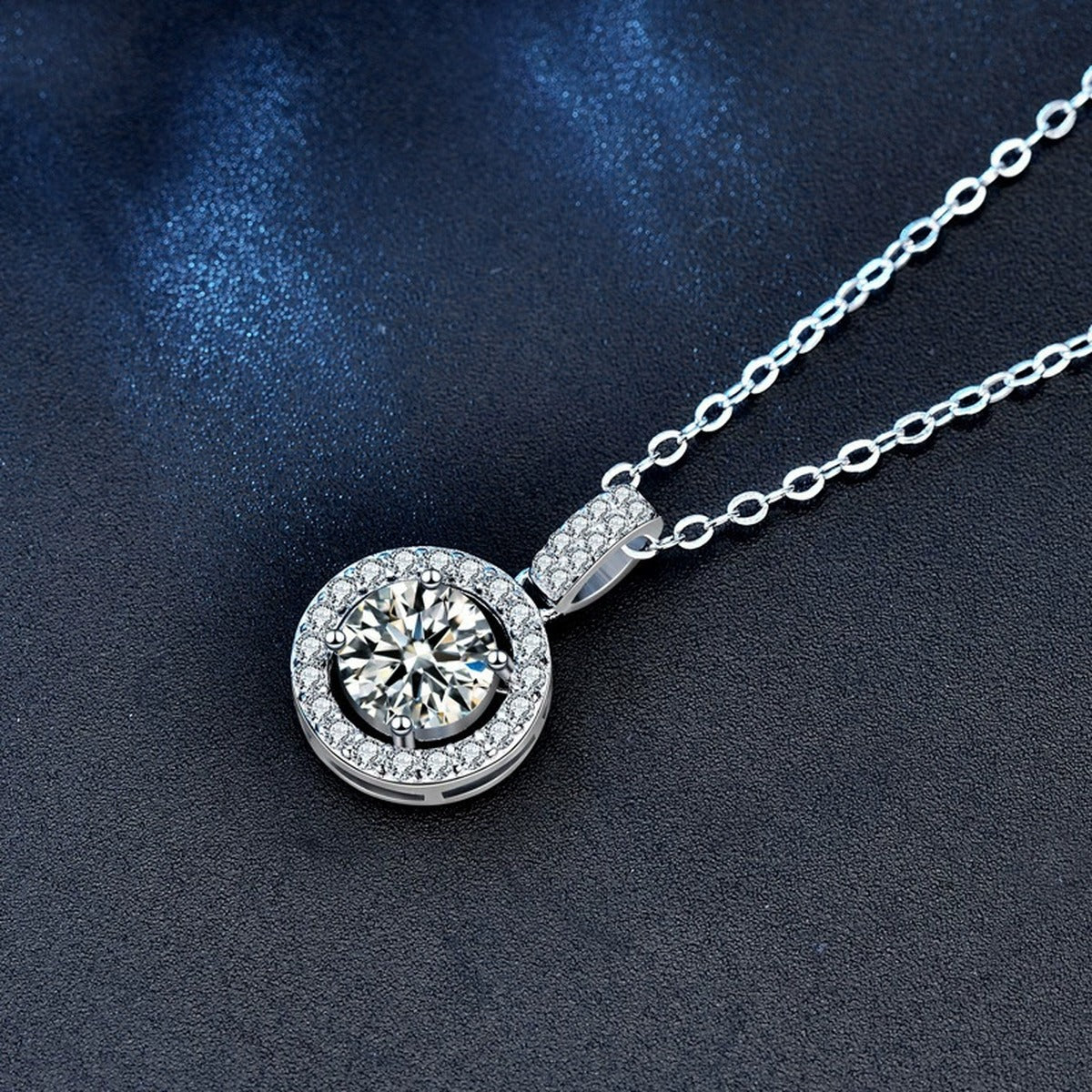 Halo Round Moissanite Necklace with CZ in White Gold-Plated S925 sterling silver angled product detail view